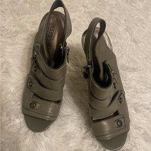 EUC gray peep toe Coach leather heels with zipper 5 in heel